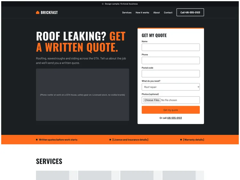 Homepage of the Brickfast Roofing & Exteriors design sample