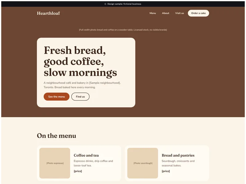 Homepage of the Hearthloaf Café design sample