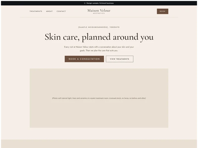 Homepage of the Maison Velour Aesthetics design sample