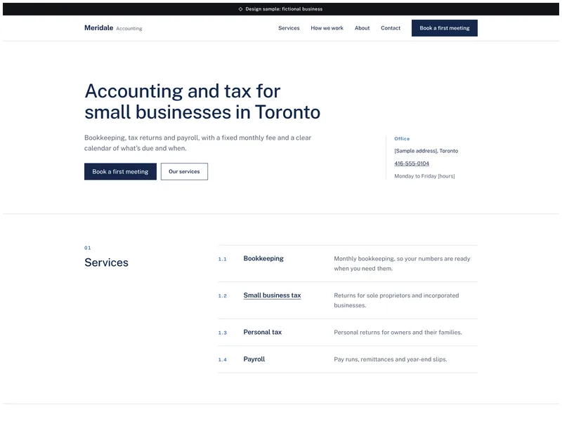 Homepage of the Meridale Accounting design sample